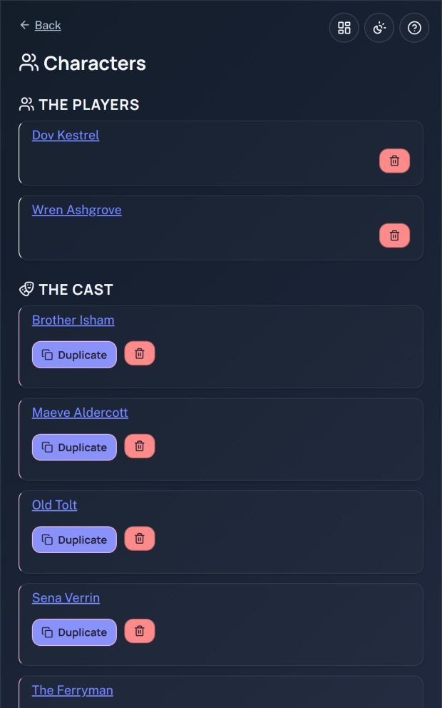 A campaign's Characters screen, split into The Players and The Cast, listing NPCs invented at the table: Brother Isham, Maeve Aldercott and others.