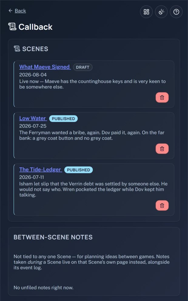 The Callback screen listing three Scenes with their recaps and draft or published badges, most recent first.