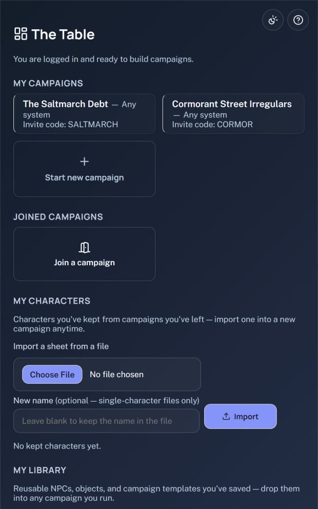 The Table screen, listing two campaigns — The Saltmarch Debt and Cormorant Street Irregulars — each with its invite code, beside a Start new campaign button.